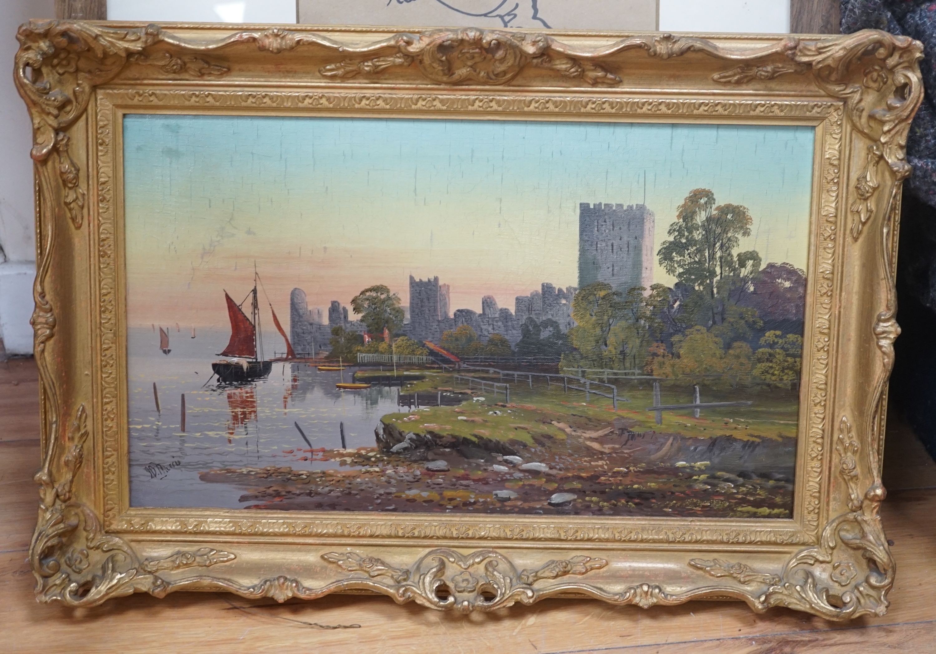 J D Morris, oil on canvas, castle ruins, 29 cm X 49 cm